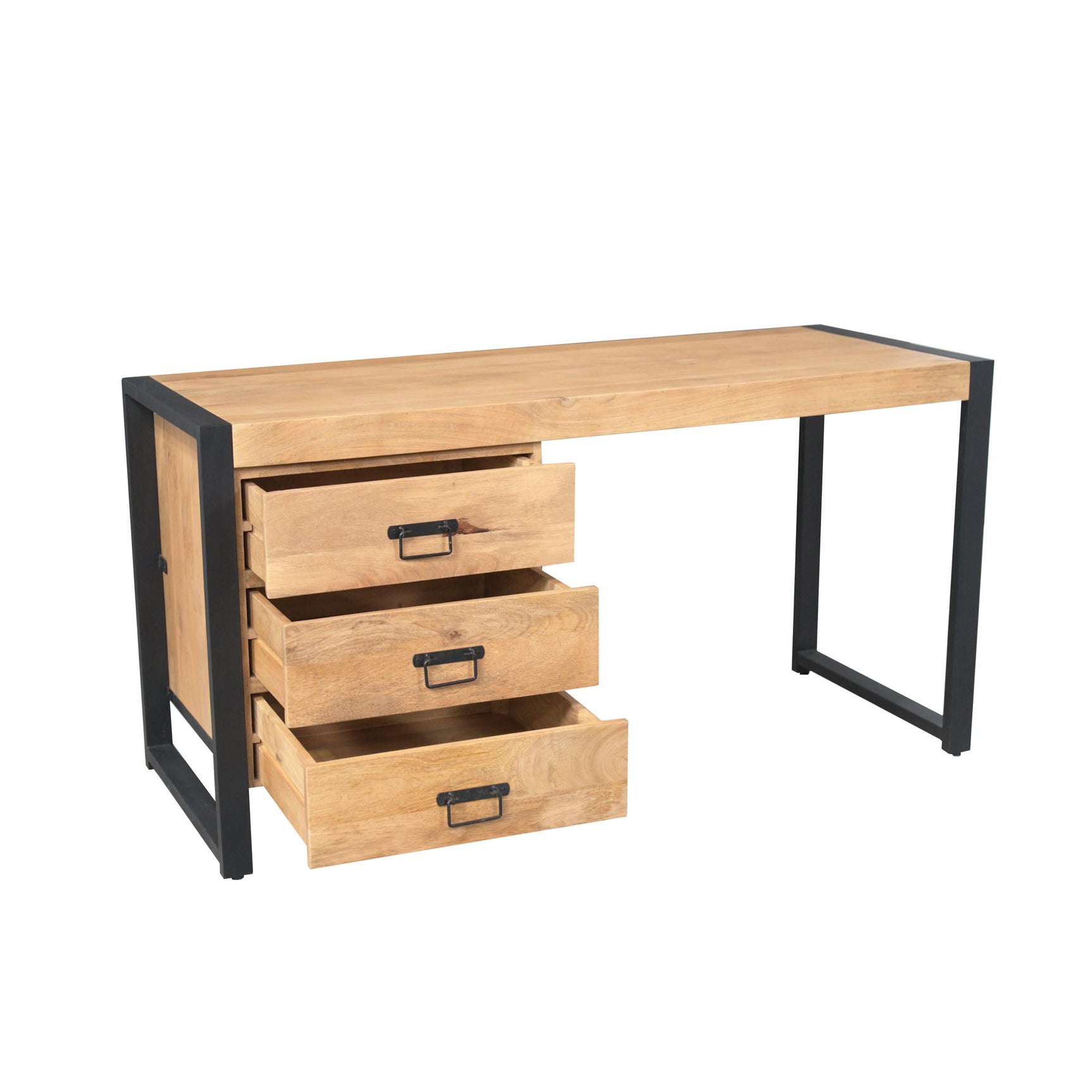 Bureau met 3 lades, houten blad en zijpaneel, zwarte metalen onderstel