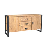 Dressoir in eikenlook met 3 lades en 2 deuren, zwart metalen frame en poten.