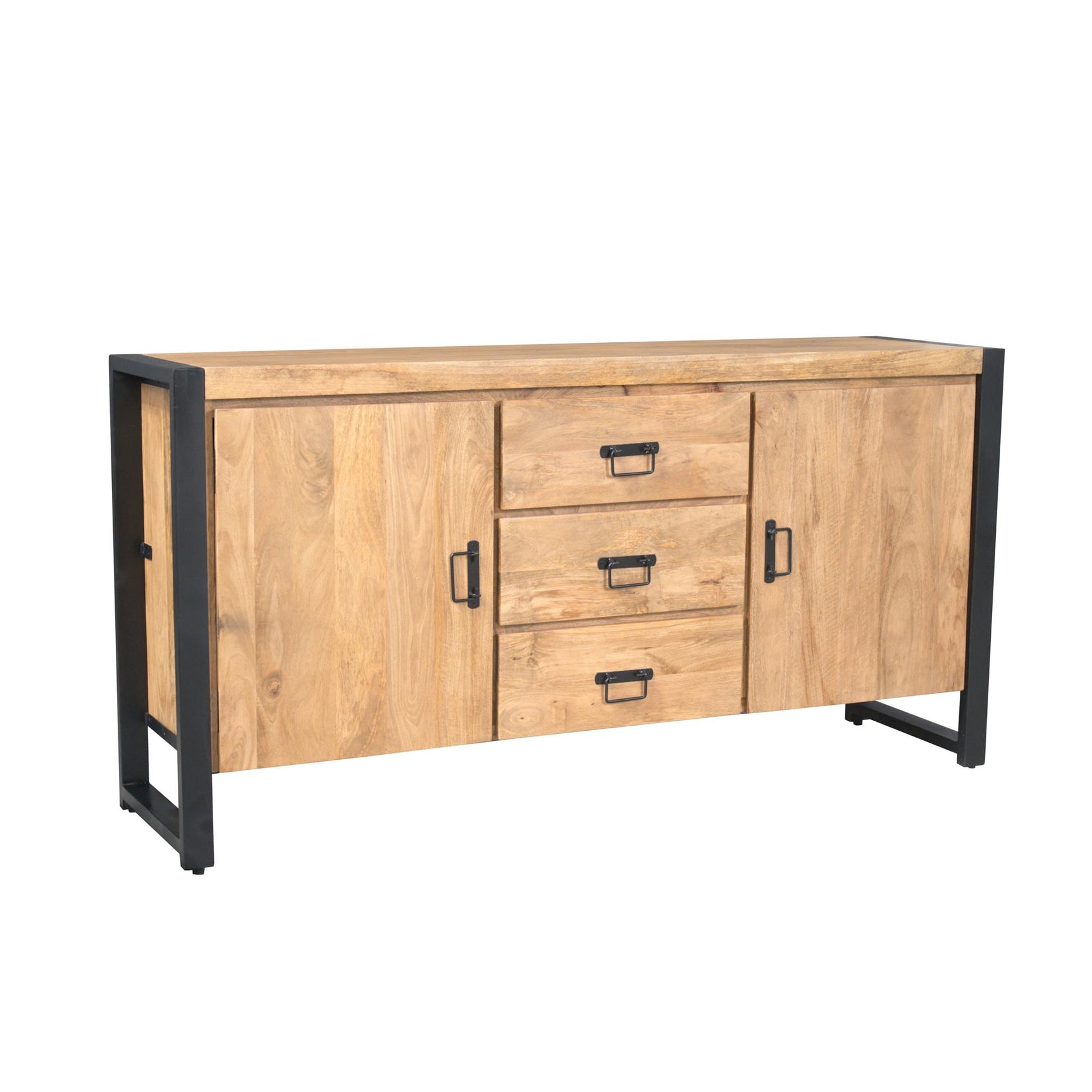 Dressoir in eikenlook met 3 lades en 2 deuren, zwart metalen frame en poten.