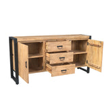 Dressoir met open deuren, zichtbare lades en vakken, eikenlook en zwart frame.