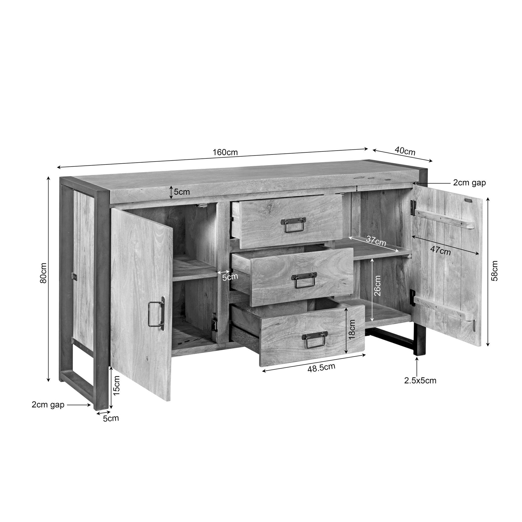 Dressoir met maatvoering, eikenlook, 3 lades en 2 deuren met zwart frame.