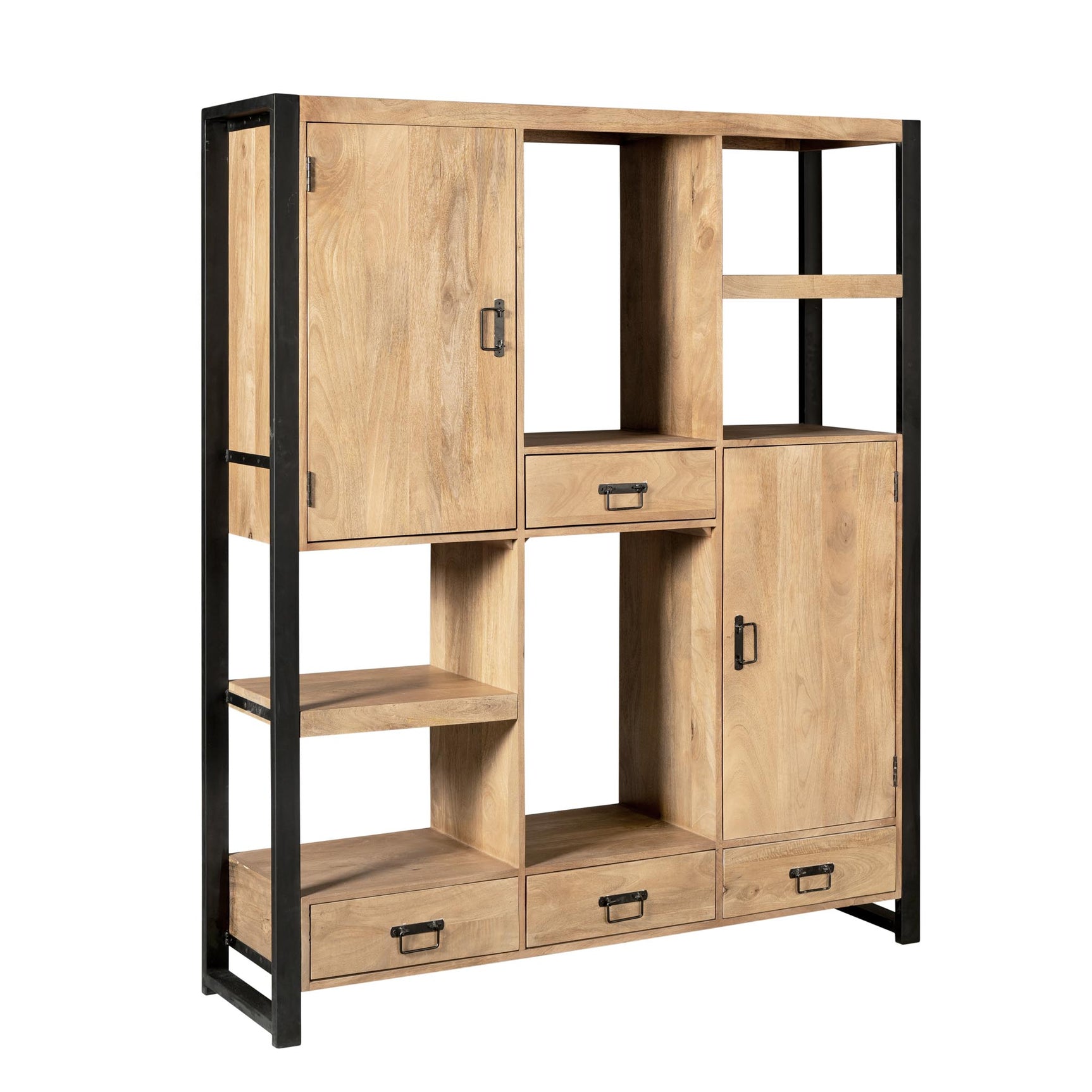 Vakkenkast met open vakken aan de zijkant, licht hout en zwarte staanders.