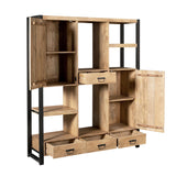 Vakkenkast met open opbergruimte en legplanken, licht hout met zwarte poten.