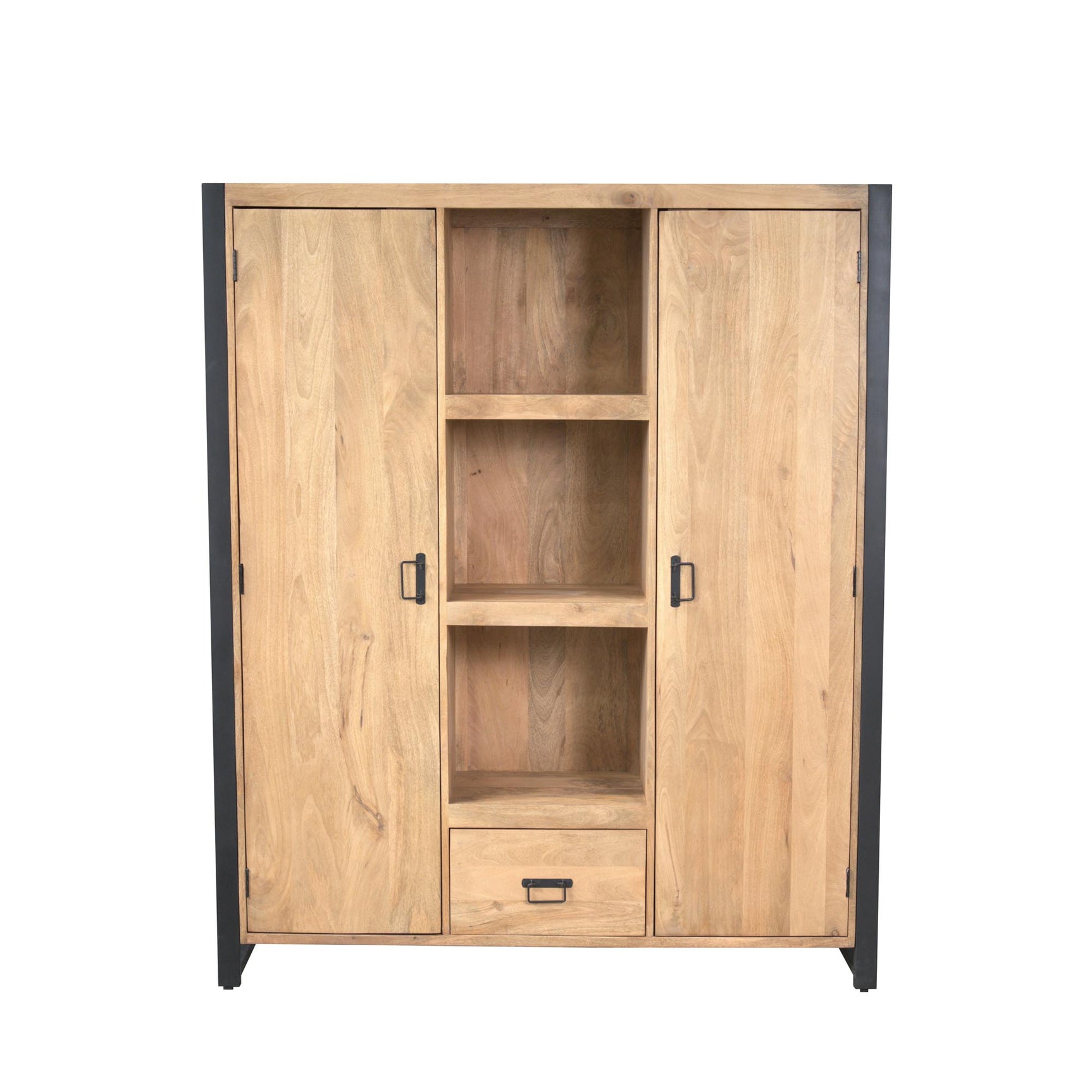 Boekenkast met twee deuren, open vakken en onderlade, houtkleurig eikenlook