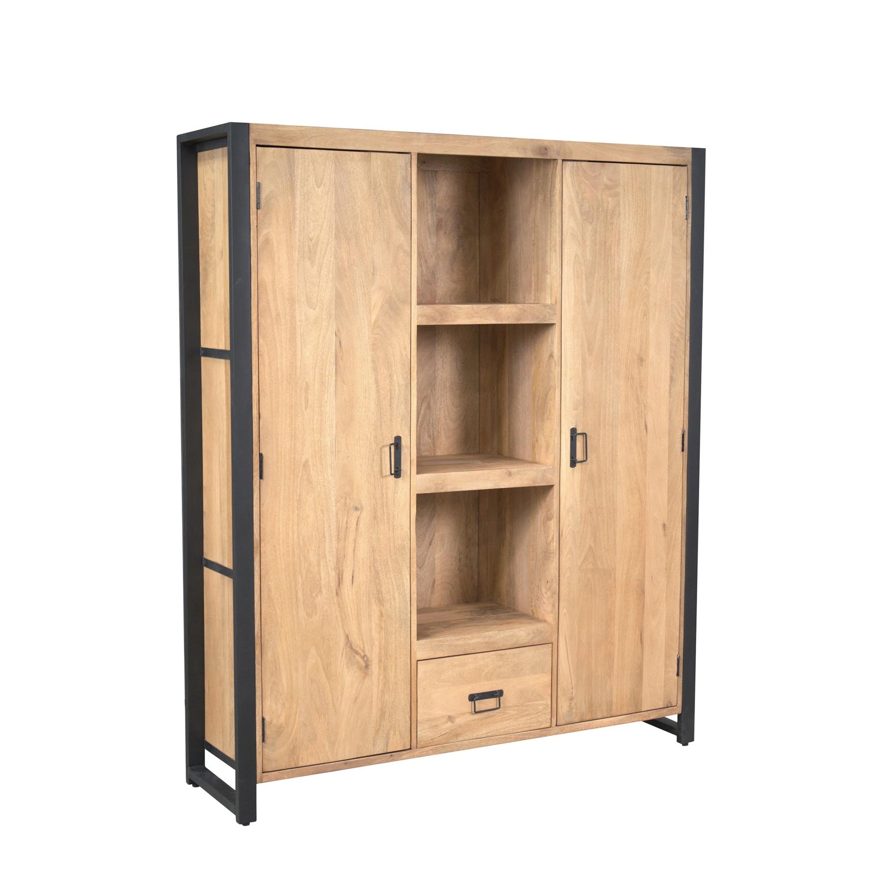 Boekenkast met open middenvak, twee deuren en onderlade, eikenlook hout met zwart frame