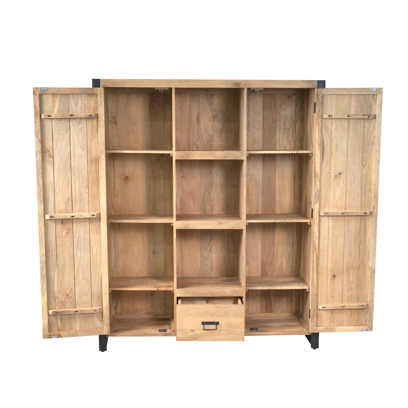 Boekenkast met schappen, open middencompartimenten, twee deuren en onderlade
