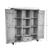 Boekenkast met afwisselende open schappen en onderlade, eikenlook en zwart metalen pootjes
