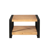 Vierkante salontafel: zwart metalen frame met licht eiken houten blad en 2 planken