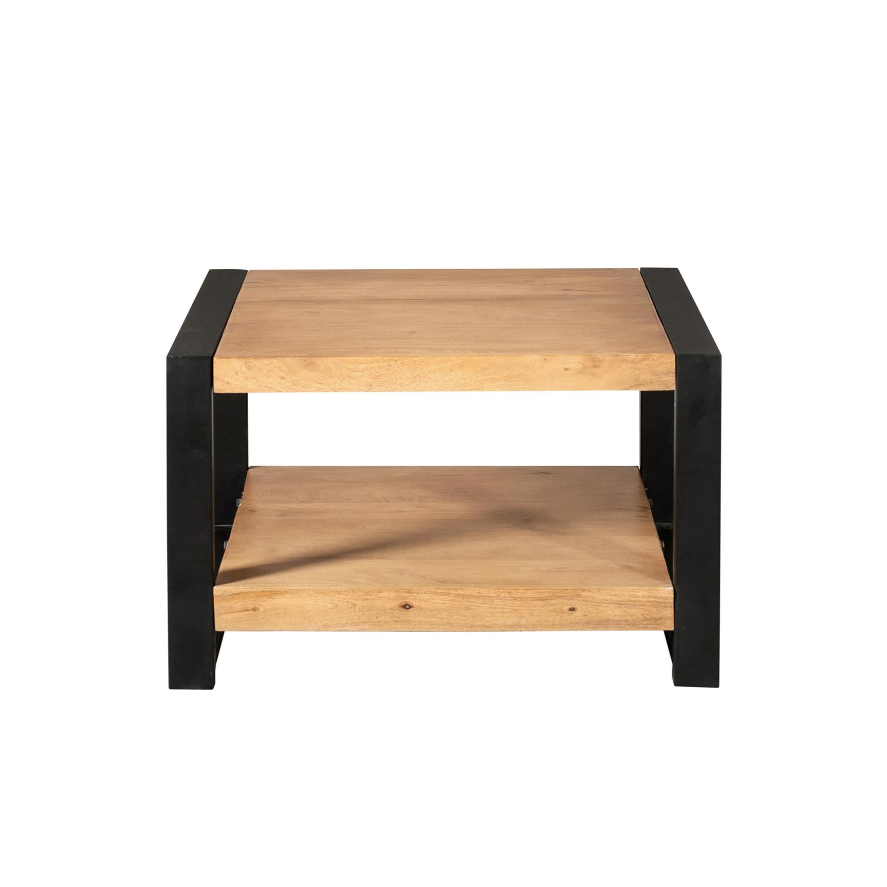 Vierkante salontafel: zwart metalen frame met licht eiken houten blad en 2 planken