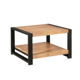 Salontafel met zwart metalen frame en licht eiken houten blad en open onderplank