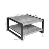 Salontafel met afmetingen 80x80 cm, zwart frame en twee houten planken