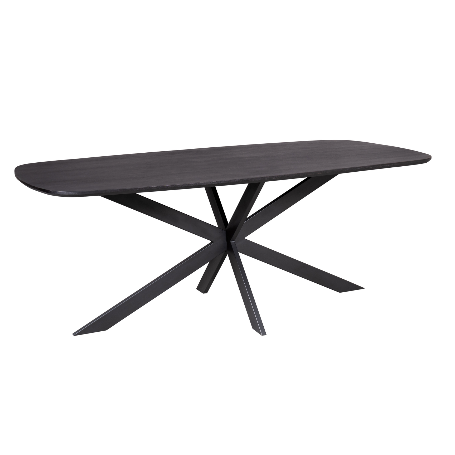 Ovale eettafel met donker houten blad en zwart kruisvormig onderstel.