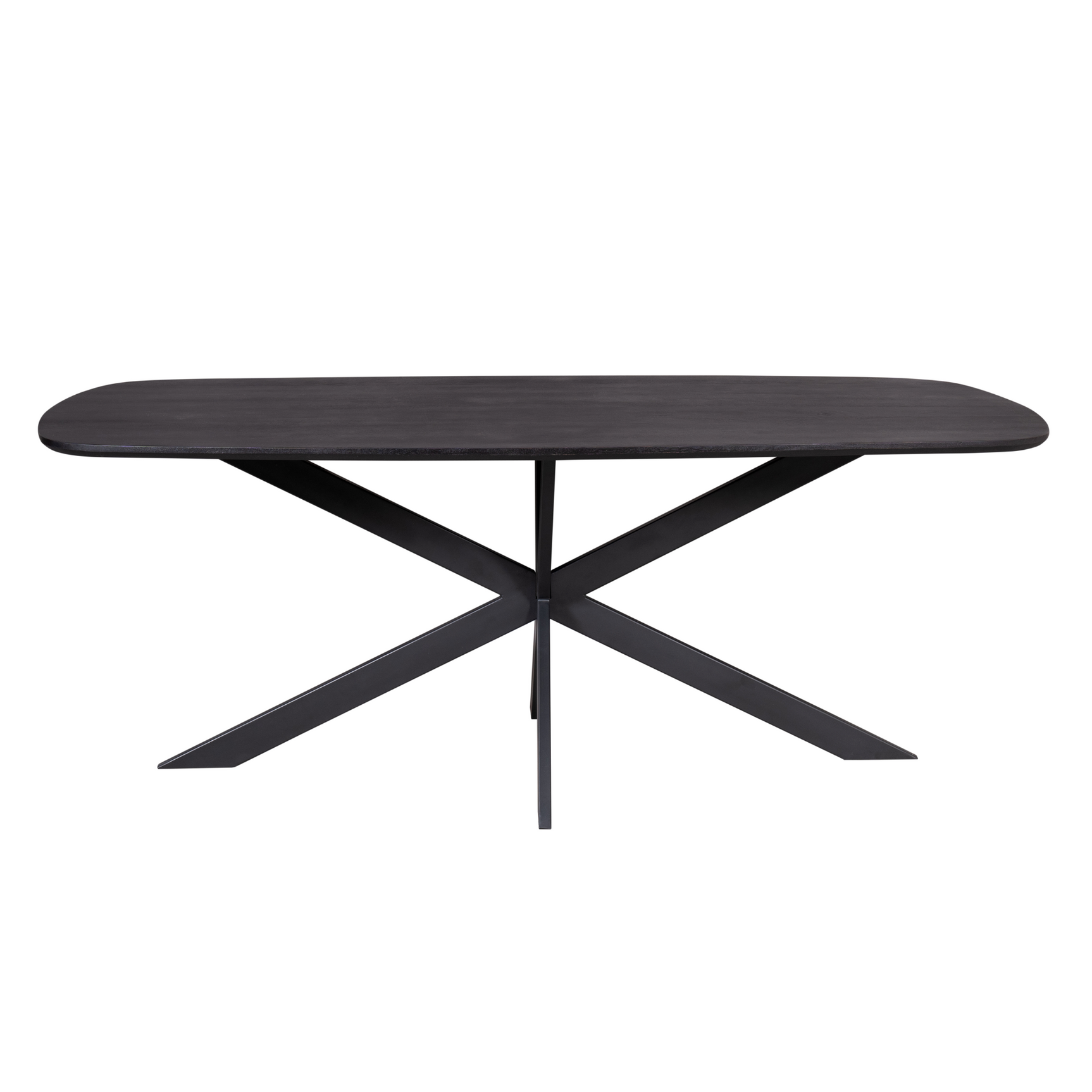Ovale eettafel met rond donker blad en taps kruis onderstel in zwart.