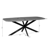 Ovale eettafel met donker blad, 240×110 cm, hoogte 78 cm, zwart onderstel.