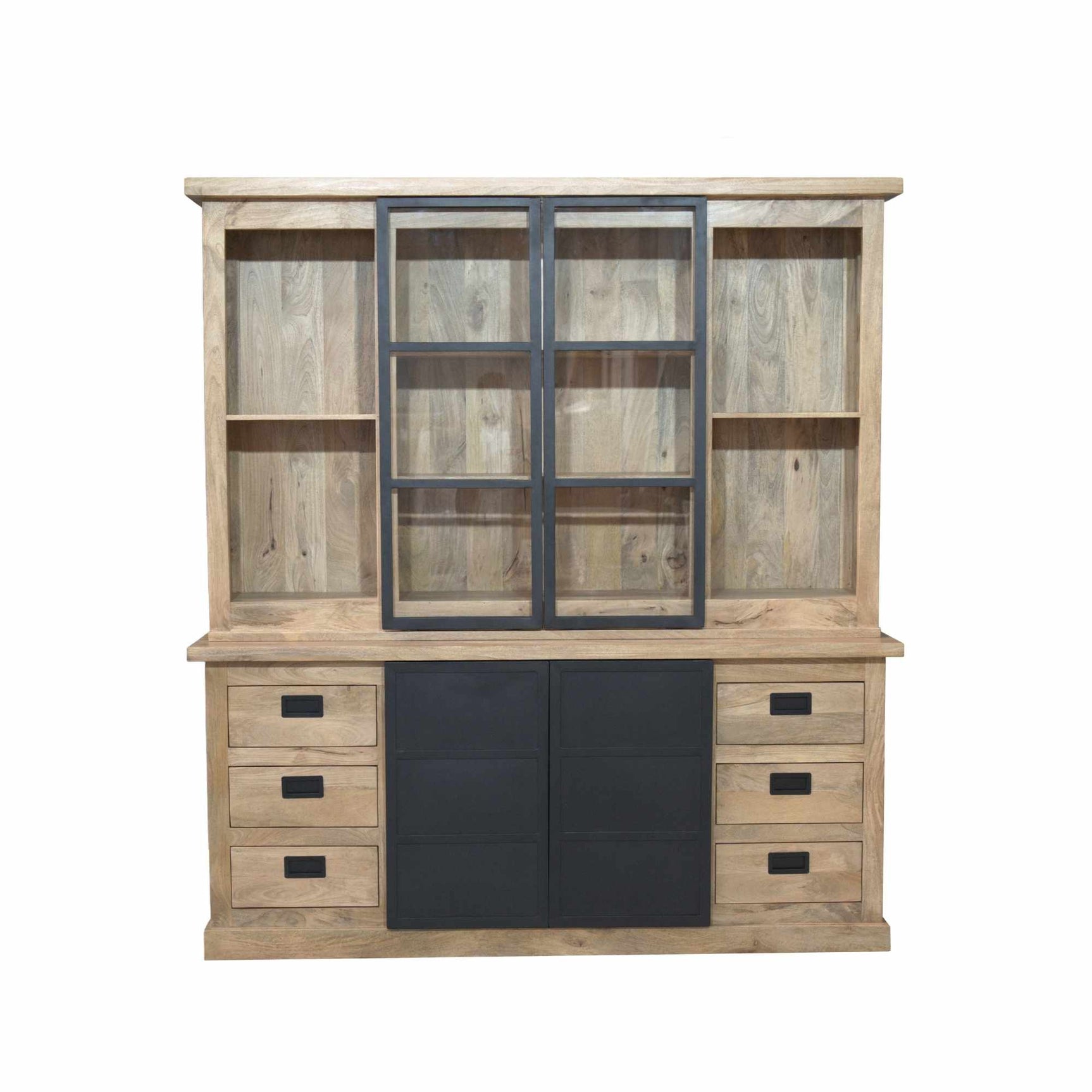 Vitrinekast met centrale glazen vitrine, zwarte deuren in het midden en laden links en rechts