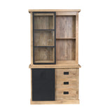 Vitrinekast Noa met open schappen achter glas en zwarte onderdeur, licht hout.