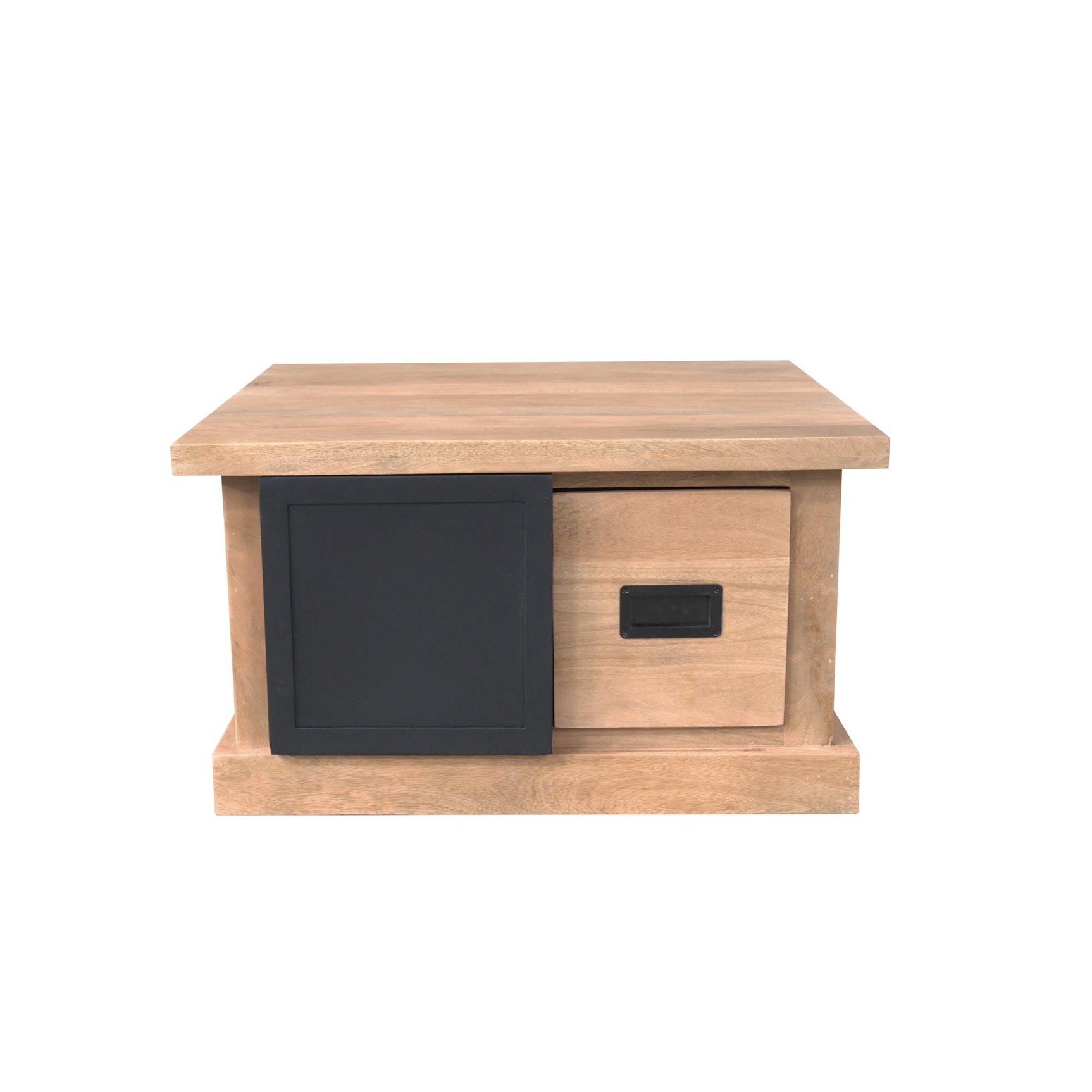 Salontafel met houtkleurig blad en zwarte ladefronten, met open houtkast en lade.