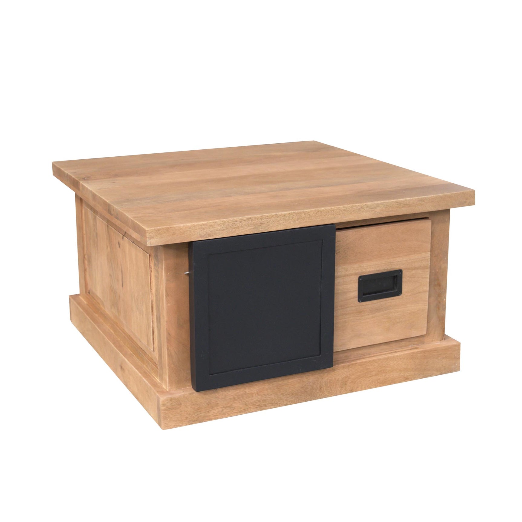 Salontafel met houtkleurige houtstructuur, zwarte ladefront en schuiflade met kleingreep.