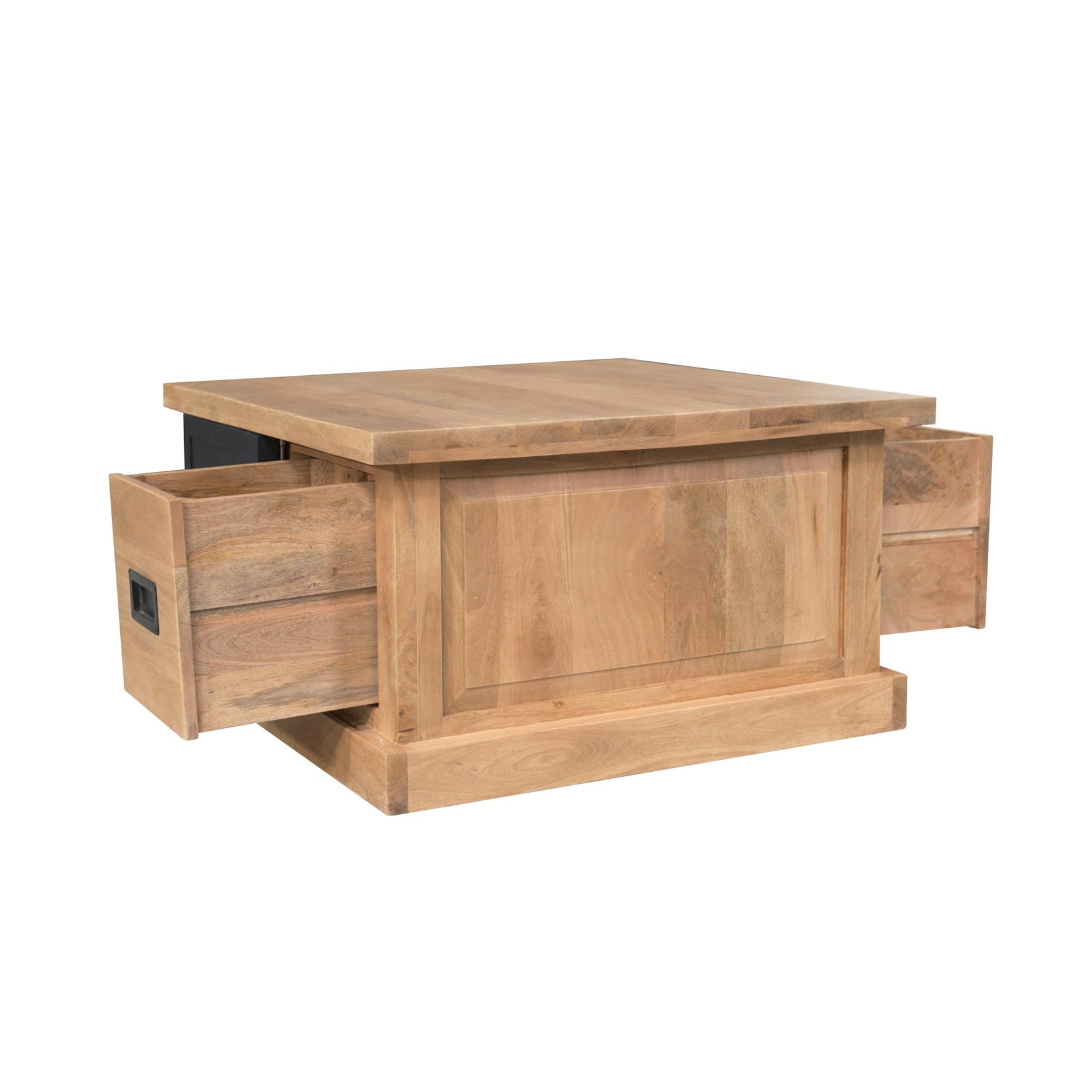 Salontafel met houtkleurige fronten en lade, dubbele openingen aan de zijkant.