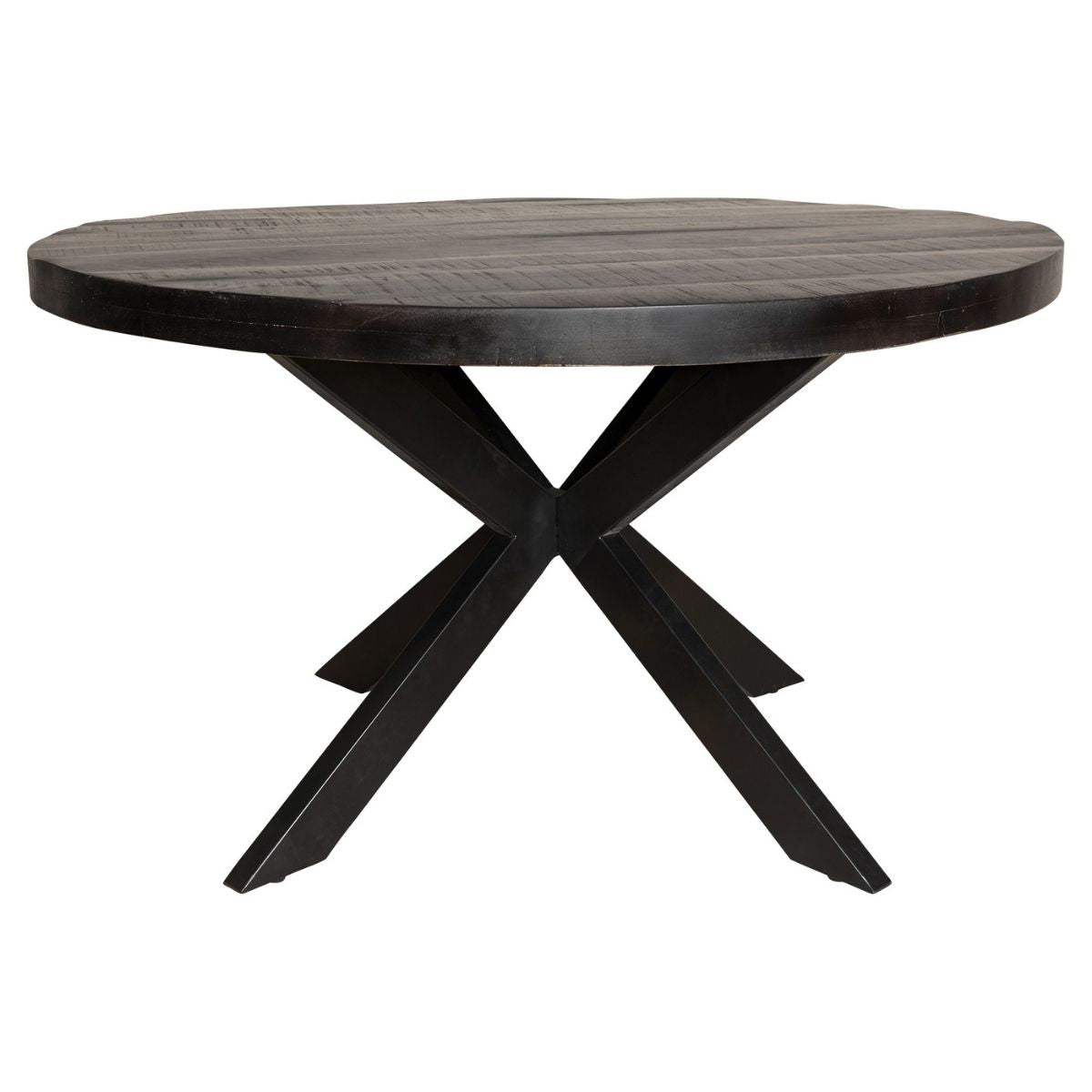 Ronde eetkamertafel met donkergrijs blad en zwart X-vormig onderstel