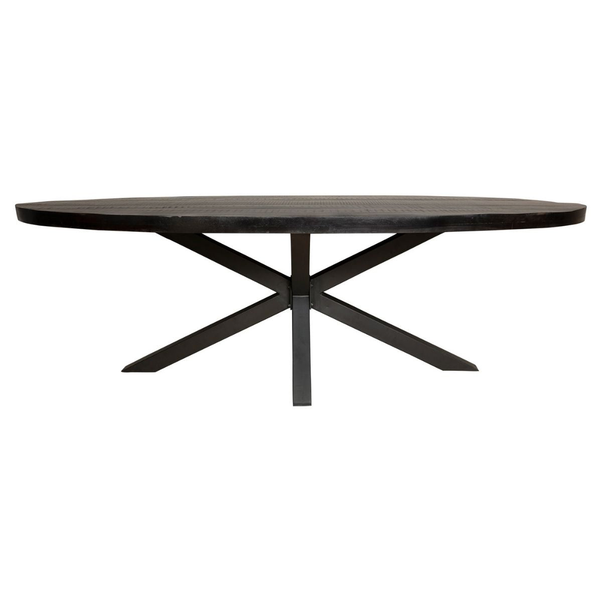 Ovale zwarte eettafel met donker blad en X-onderstel van hout.