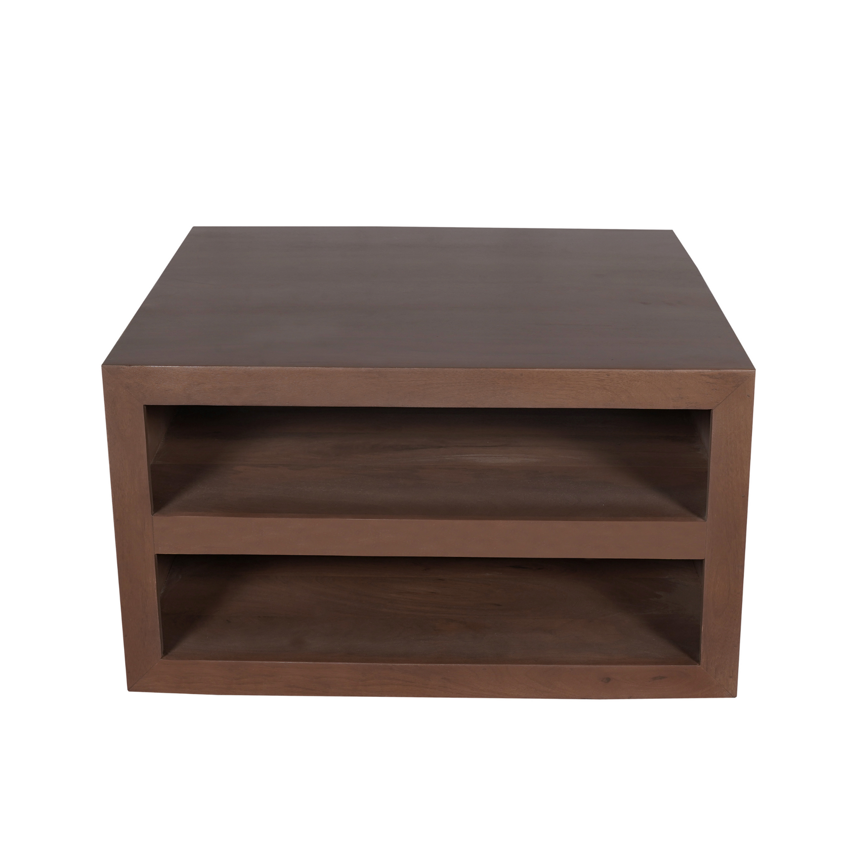 Walnoot salontafel met twee open legplanken en houten achterwand
