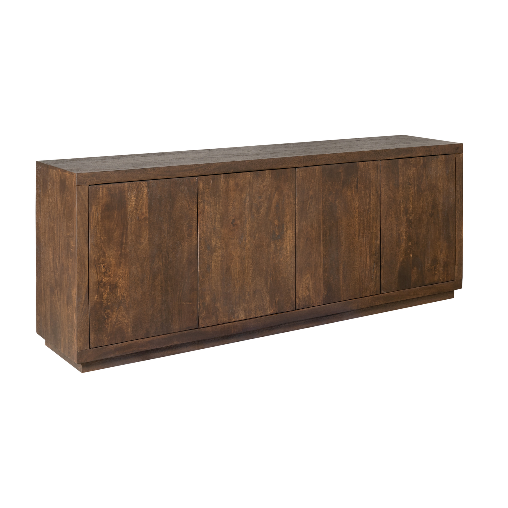 Bruin houten dressoir met deurpanelen en lange frontindeling