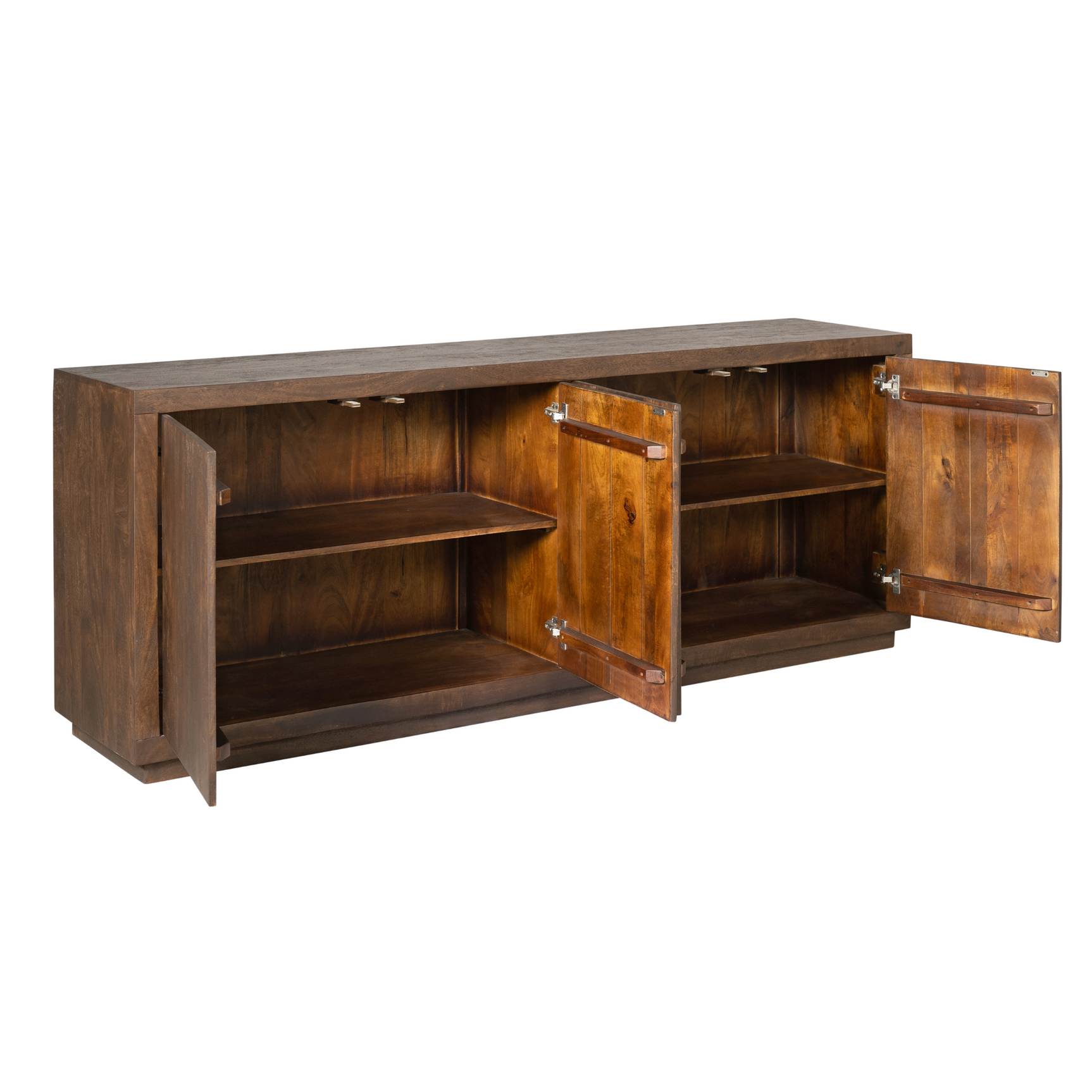 Bruin houten dressoir met open vakken en scharnierende deuren