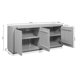 Dressoir technische tekening met afmetingen en open vakken