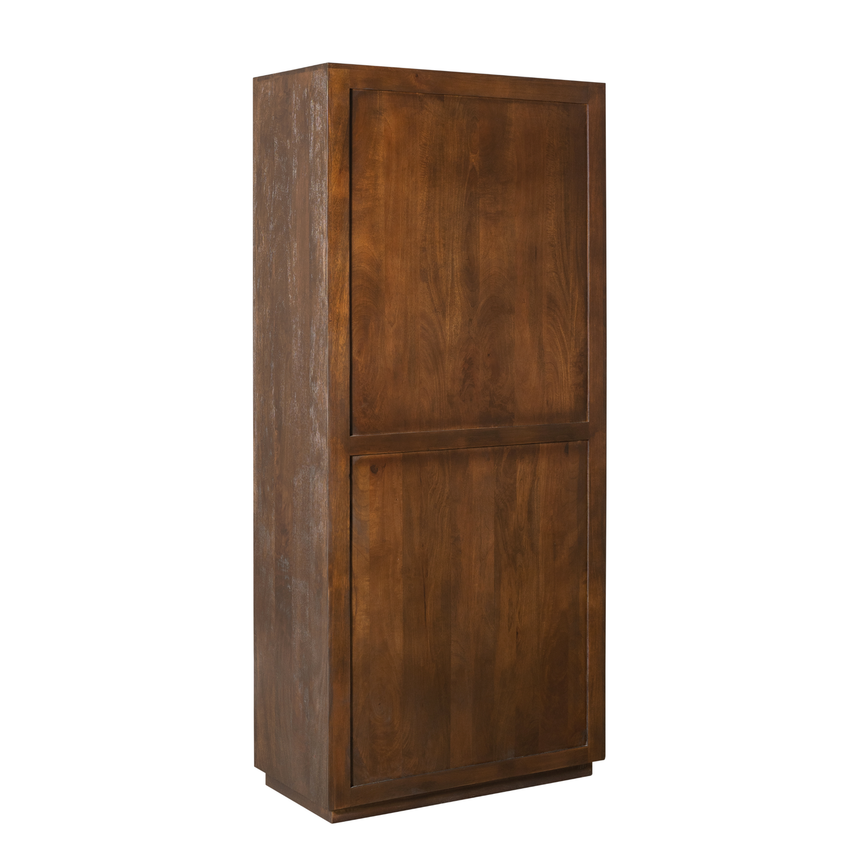Bruine vakkenkast met twee houten deuren en rechthoekige vormen.