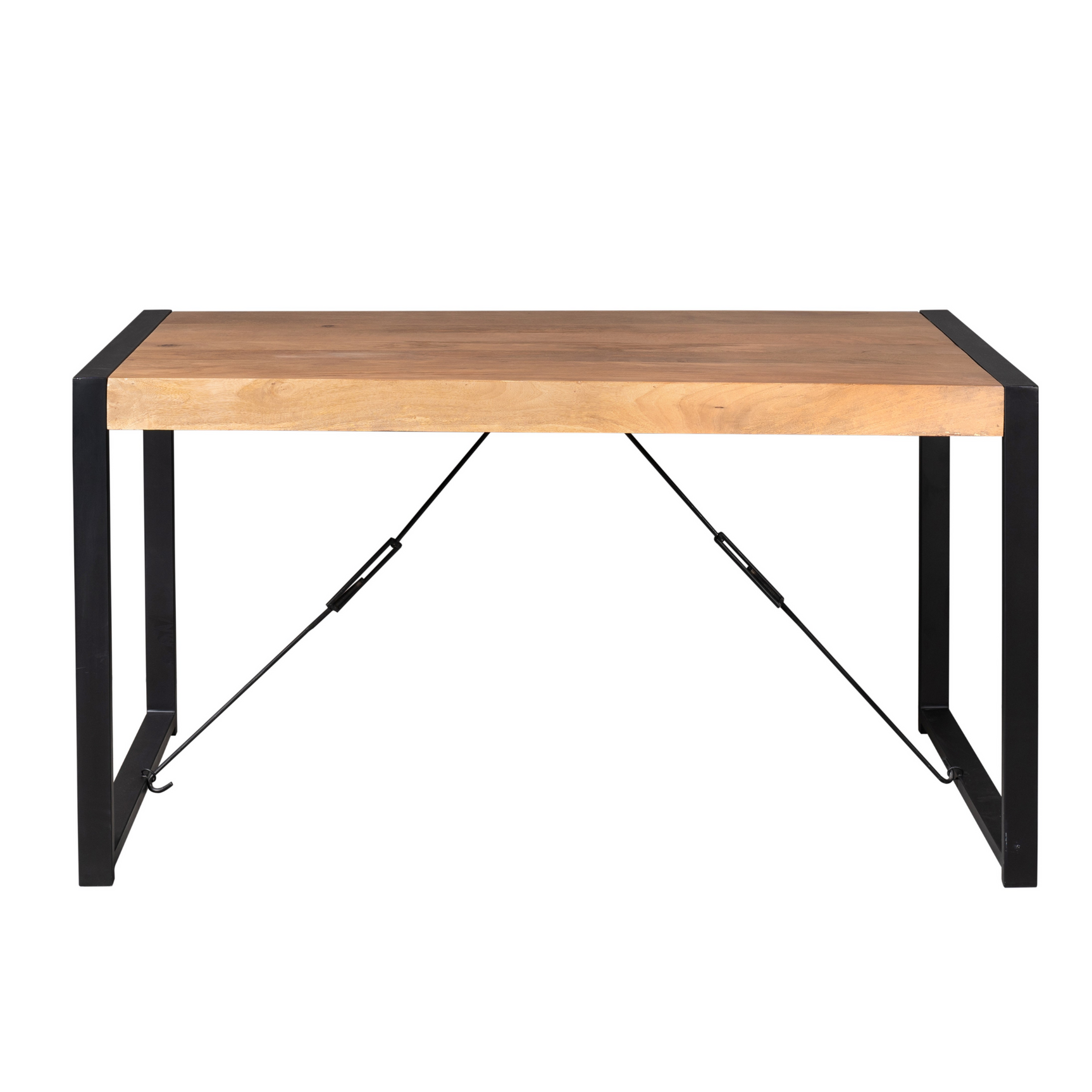 Eettafel met lichtbruin houten blad en zwarte metalen poten, onderstel met steunen