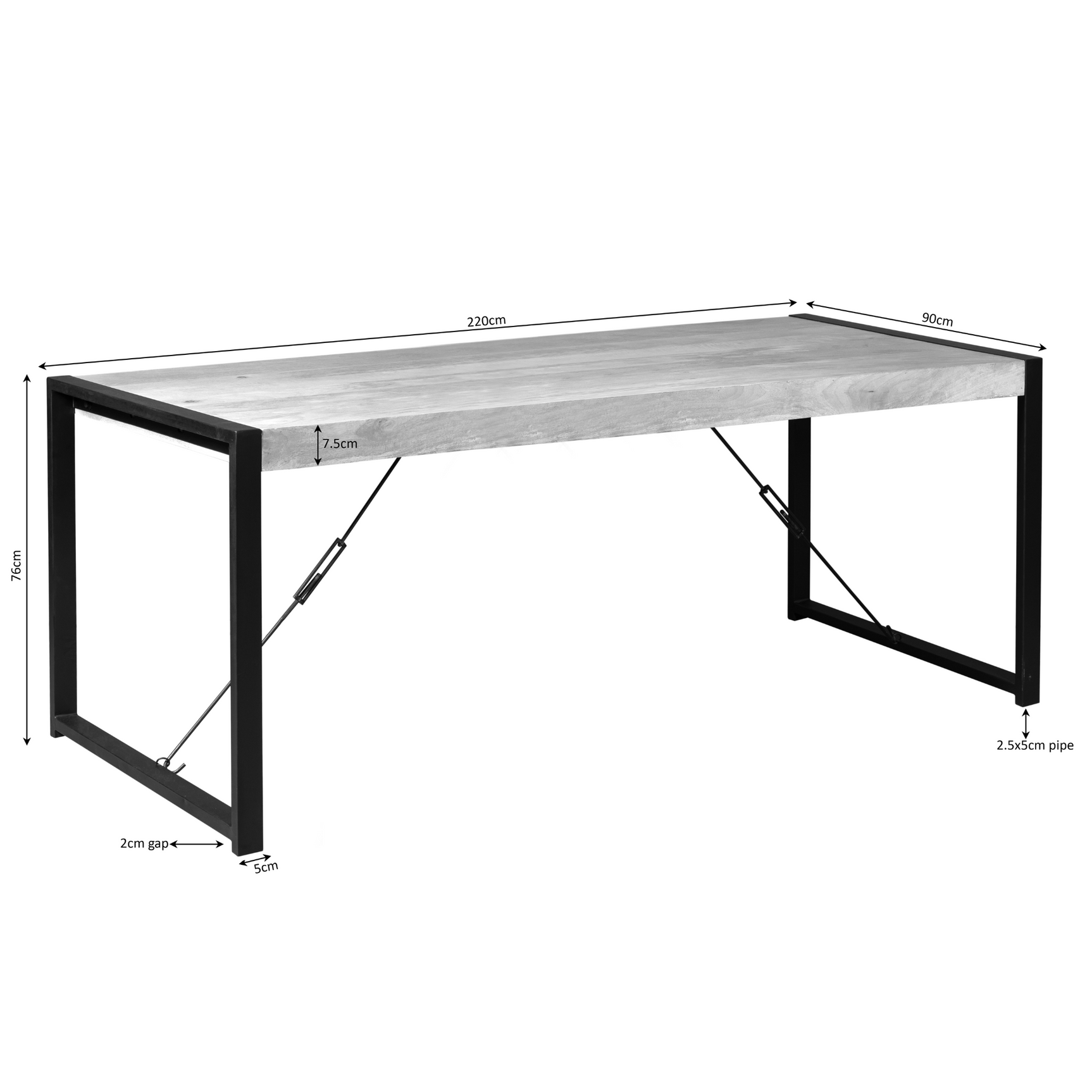 Eettafel 220 cm met houten blad en zwarte metalen onderstel, afmetingen aangegeven