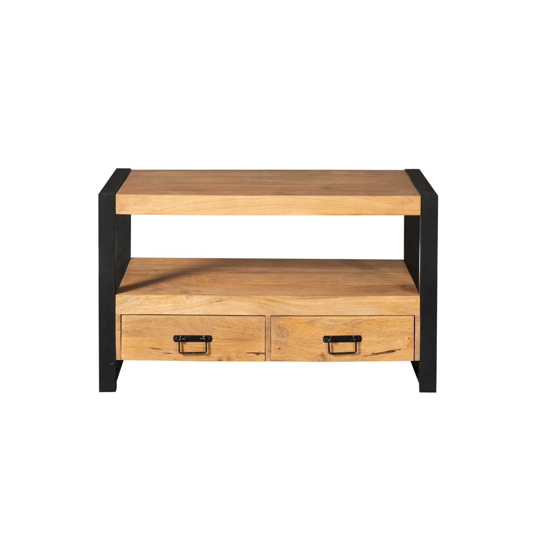 Tv-meubel met zwart frame, eiken front en open plank met twee lades