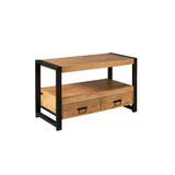 Tv-meubel met zwart frame en eiken bovenblad, open plank en twee lades