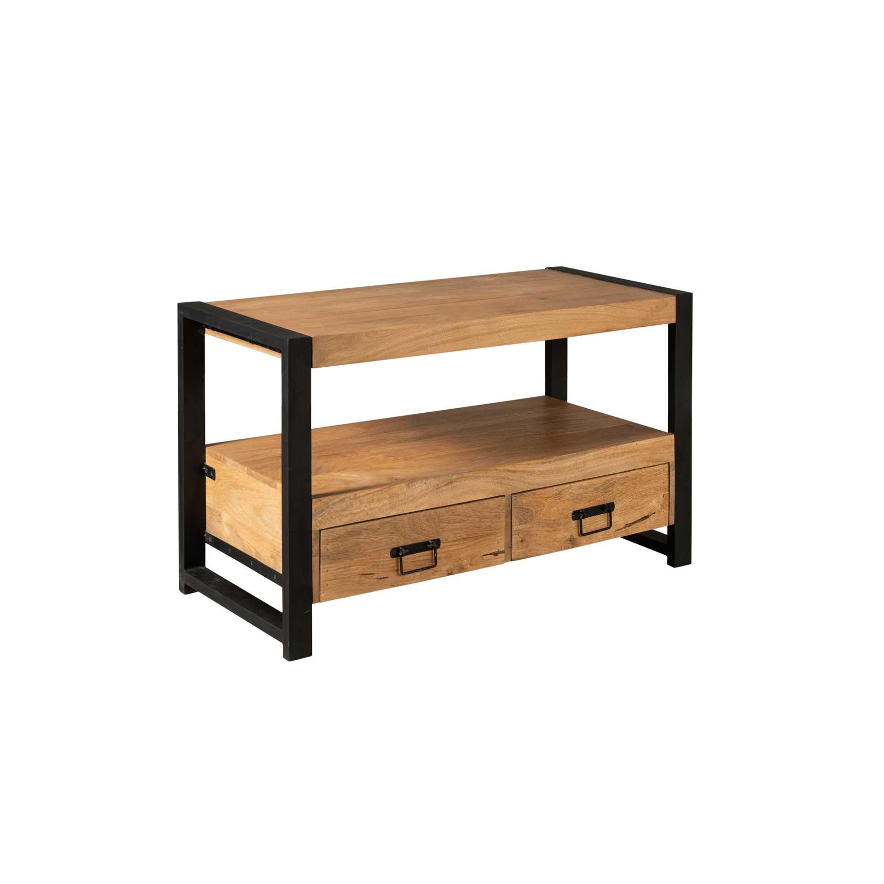 Tv-meubel met zwart frame en eiken bovenblad, open plank en twee lades