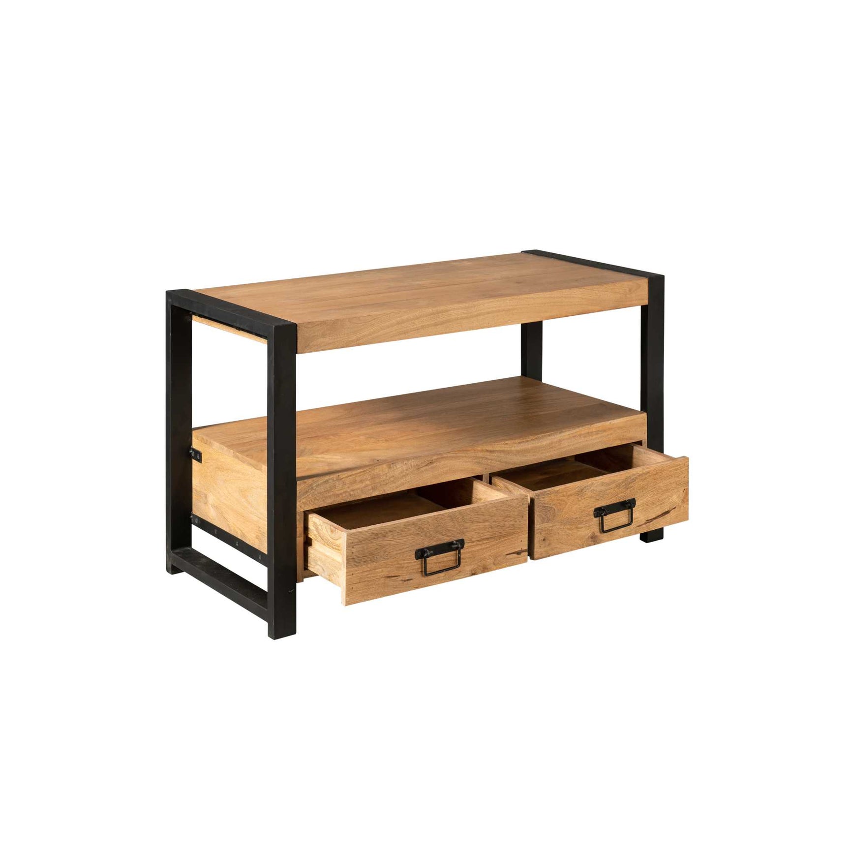 Tv-meubel met zwart frame en eiken blad, open compartiment en twee lades