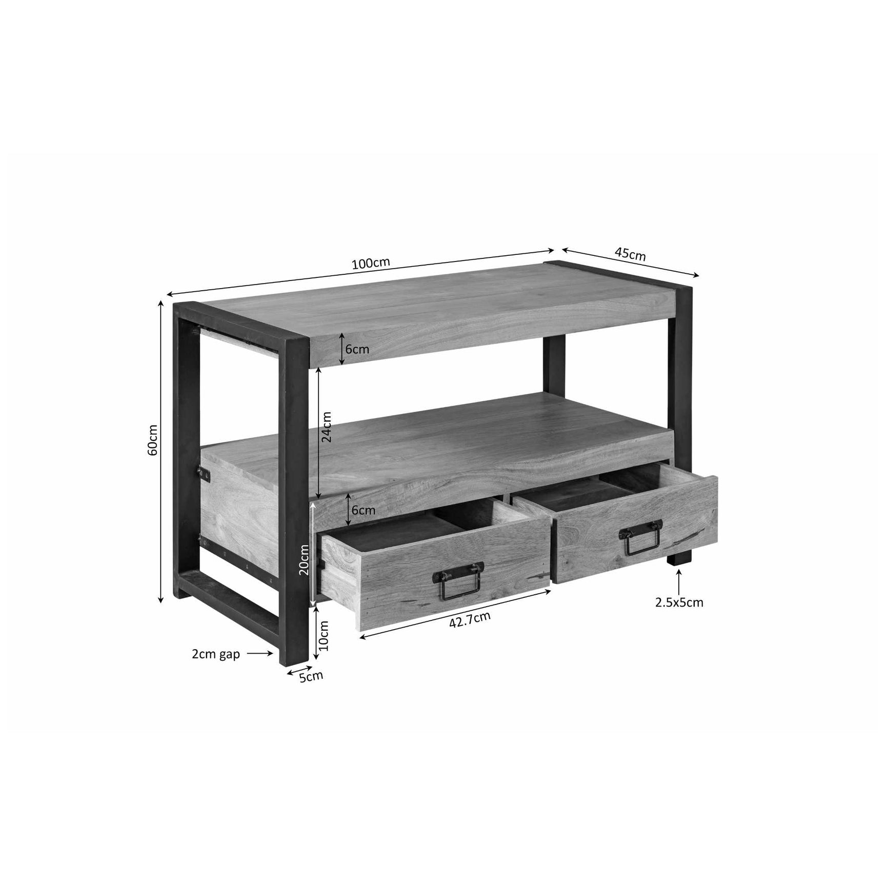 Tv-meubel met afmetingen 100 cm en 45 cm, zwart frame en eiken planken