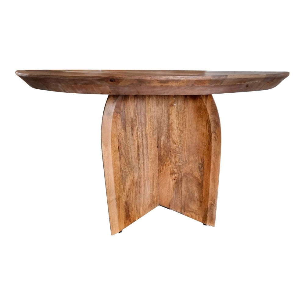 Ronde houten eettafel met centraal tafelonderstel en rustieke houtnerf, bruin