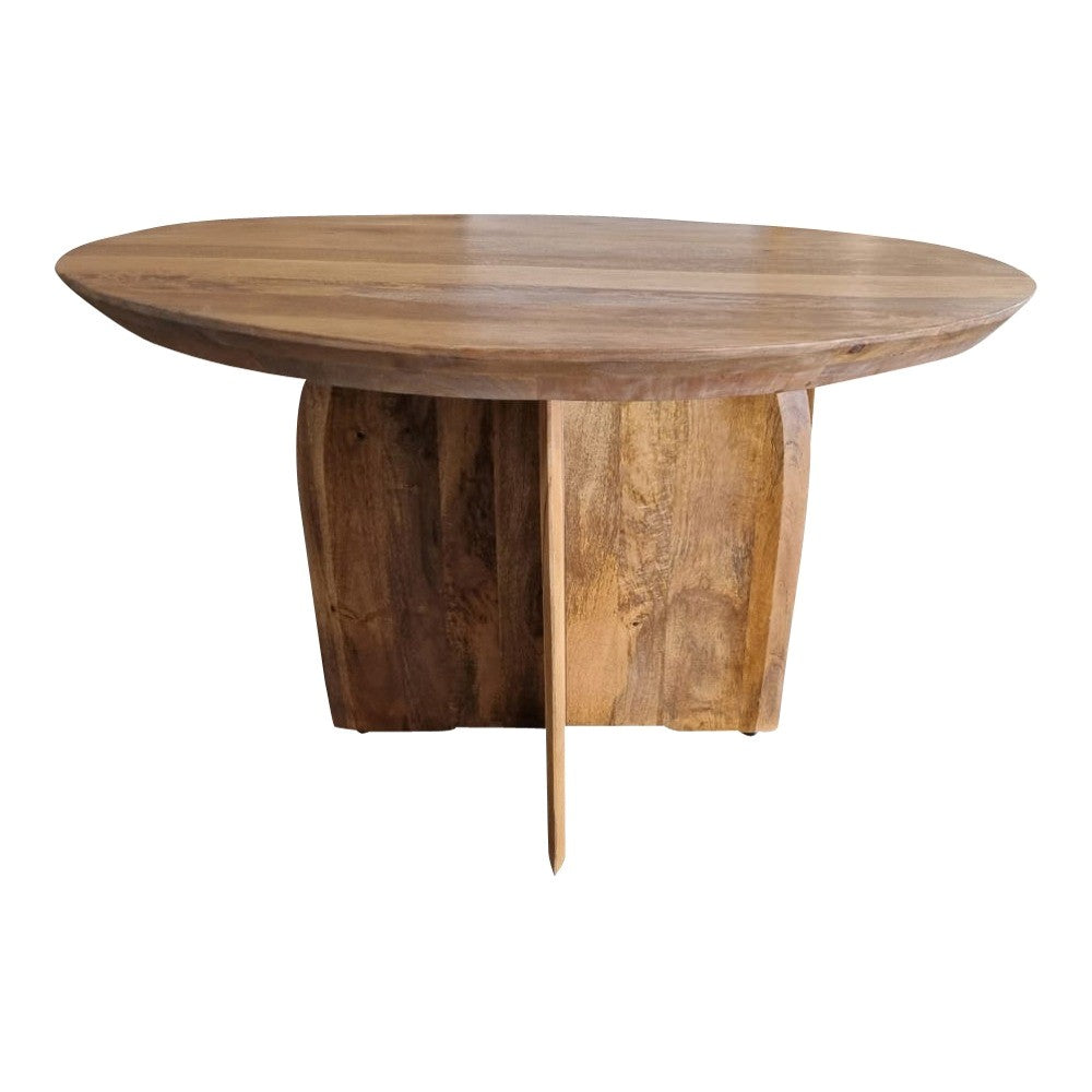 Ronde houten eettafel met rond blad en taps toelopende centrale poot, bruin