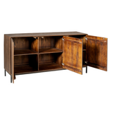 Bruin dressoir met open vakken en houten front, schuifdeuren open