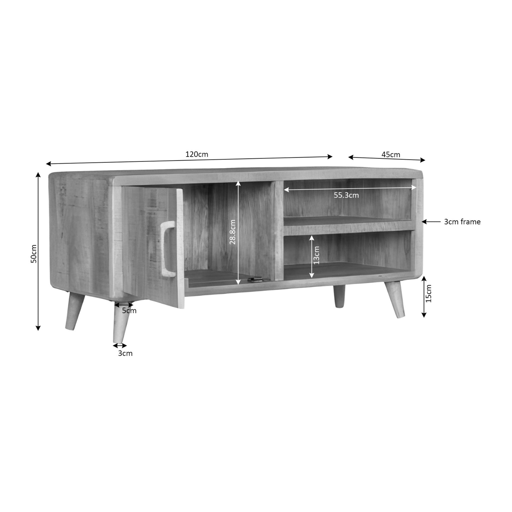 Dressoir met afmetingen, grijsbruin front met verticale latten en open middencompartiment.