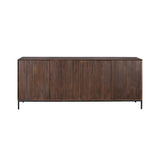 Dressoir met lang front van verticale latten in bruin, staande op zwarte poten.