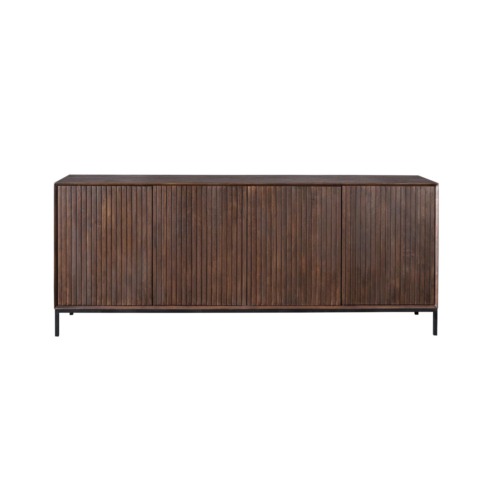 Dressoir met lang front van verticale latten in bruin, staande op zwarte poten.