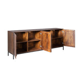 Dressoir met open vakken en scharnierende deuren, houtlook bruin, zwarte poten.