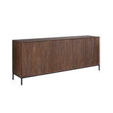 Dressoir met gebalanceerd lang front van verticale latten, donkerbruin, zwarte poten.