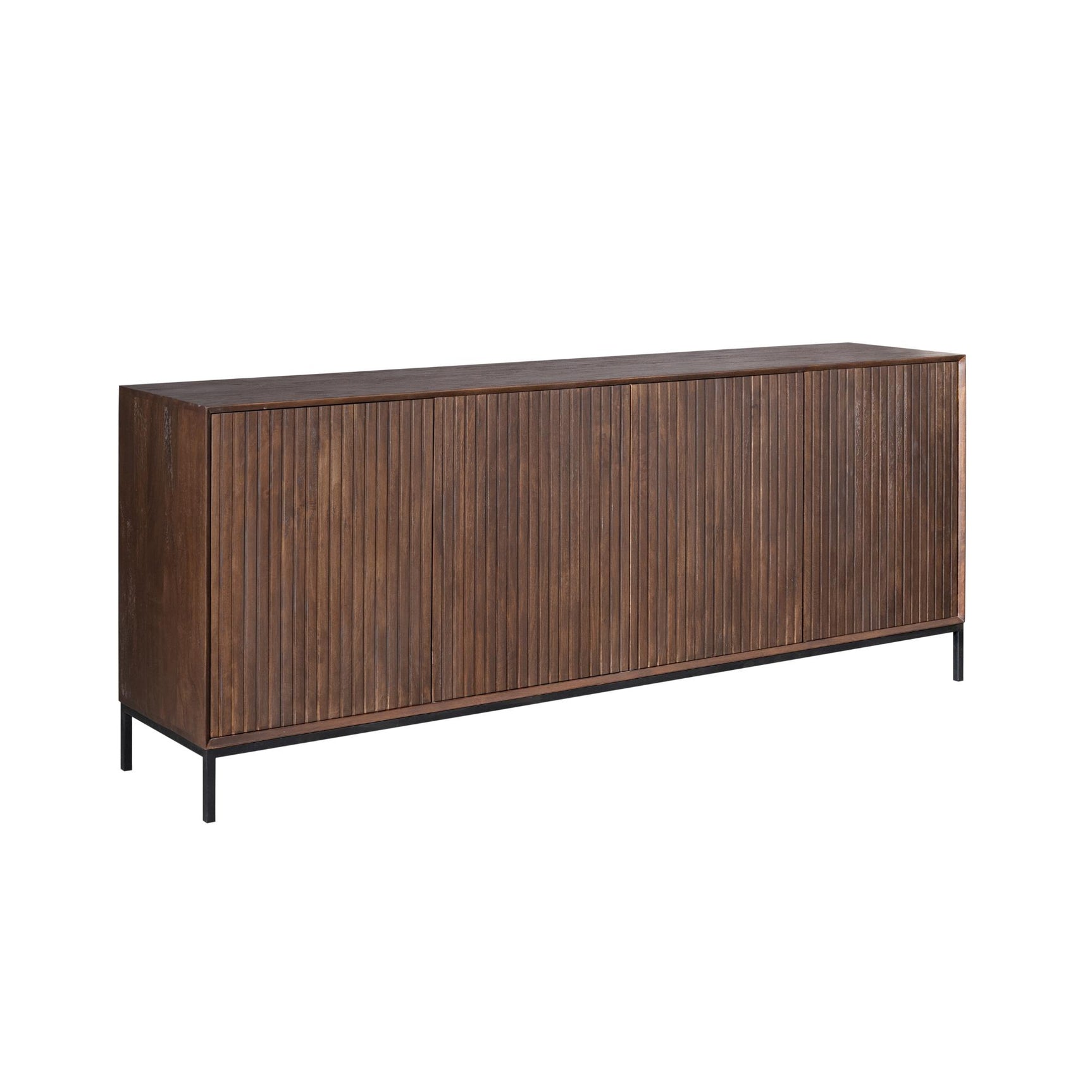 Dressoir met gebalanceerd lang front van verticale latten, donkerbruin, zwarte poten.