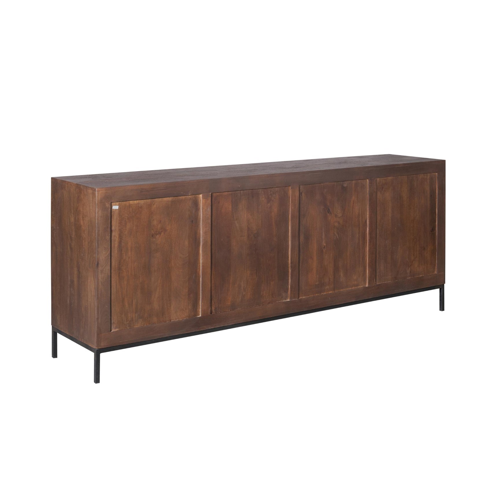 Dressoir met gladde frontpanelen in warm bruin houtlook en zwarte poten.