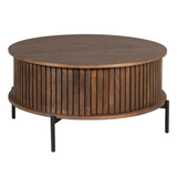 Ronde bruine houten salontafel met verticale latten en zwarte poten