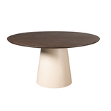 Ronde eettafel met donkerbruin blad en witte conische voet
