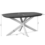 Ovale eettafel met zwart onderstel; 160 cm lengte staat aangegeven.
